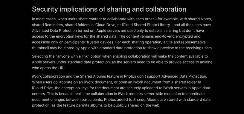 Security implications of sharing and collaboration section of Apple support documentation