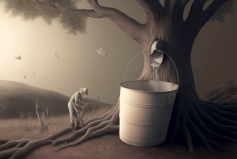 A surreal landcsape in a yellowish light: A giant pail being filled by a metal spout in a looming, ribbed tree that resembles an oak, a strange figure in a wide brimmed hat with at least six arms holding a curved staff bending over the roots of the tree, barrren shrubs, and birdlike creatures in the sky above the figure and the shubs but still beneath the branches of the tree.